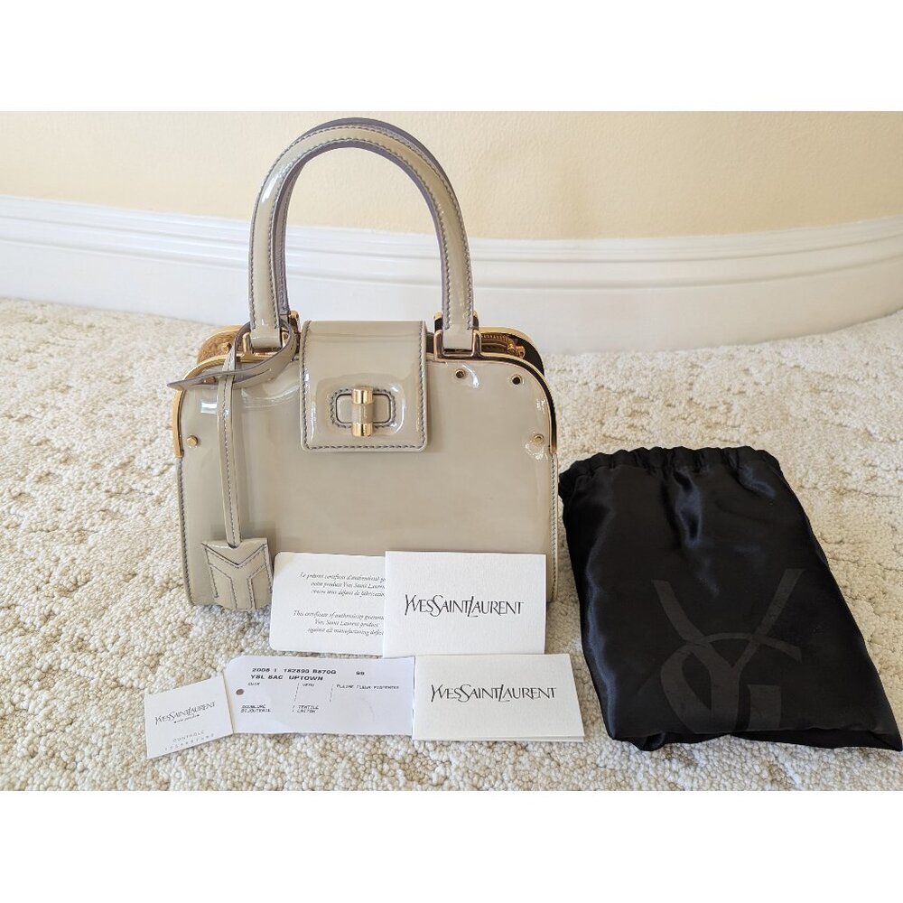 YSL Yves Saint Laurent Small Rive Gauche Gray Patent Handbag with Gold Hardware
